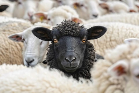Close up of single black sheep between flock of white sheep. Generative Ai, AI generated
