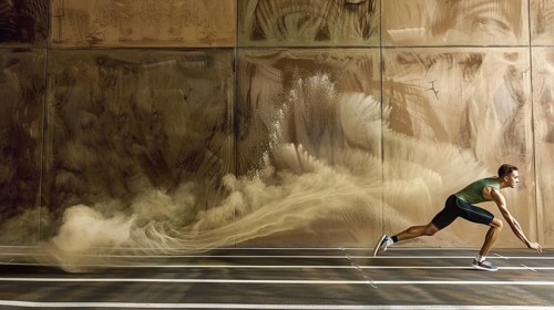 A male athlete running indoors on a track, with a cloud of dust trailing behind, highlighting focus