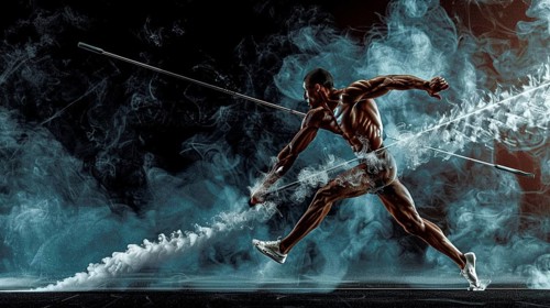 Athletic man performing pole vault through blue smoke creating a detailed and dynamic atmosphere,