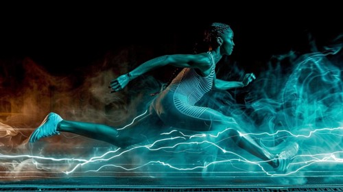 A woman sprints against a backdrop of blue smoke and electric effects, exuding energy and speed, AI