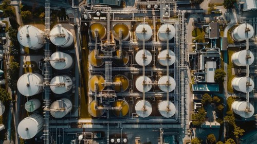 Aerial view of an industrial complex with numerous tanks, pipes, and machinery, AI generated