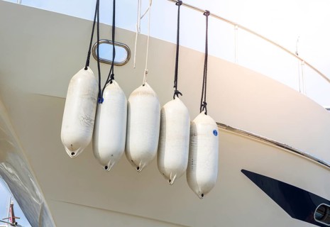 Yacht with white hanging buoys