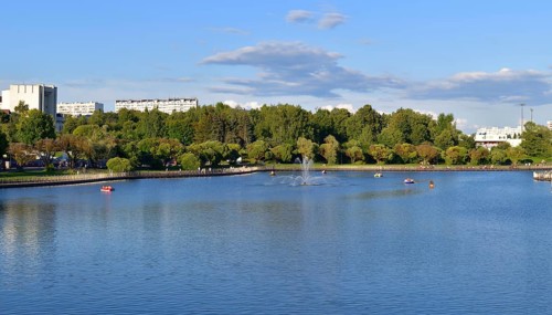 Victory Park and large city pond in Zelenograd in Moscow, Russia, Europe