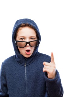 Amazed or surprised teenager boy wearing glasses gesturing exclamation point finger sign white