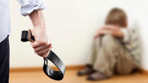 Family violence and aggression concept, furious angry man raised punishment hand holding leather