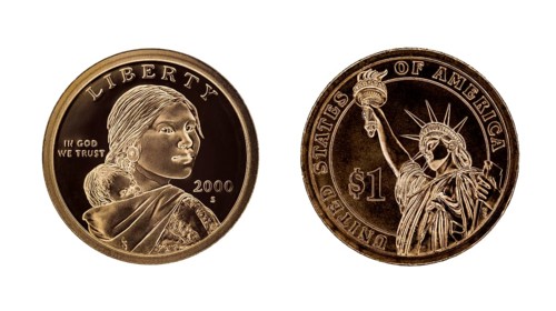US one dollar coin, Sacagawea and Statue of Liberty. Isolated on white background