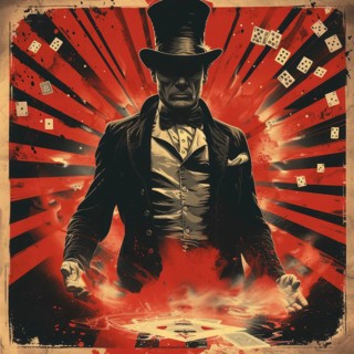 A poster of a magician in a top hat with playing cards and red rays emanating, set against a dark,