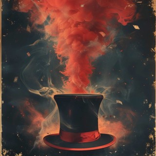 A top hat poster releasing smoke and playing cards with a fiery ambiance, set against a dark
