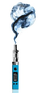 Cyan electronic cigarette and smoke, isolated on white background
