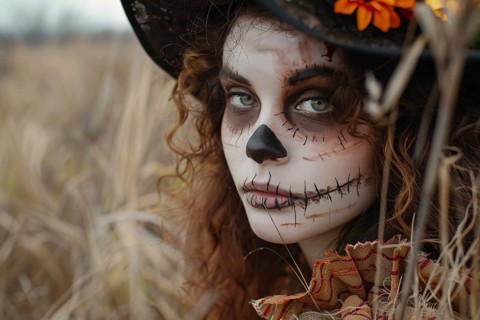 Young woman with Halloween scarecrow costume makeup with blurry grainfield in background.