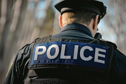 Back view of police officer with bulletproof vest with text 'Police'. Generative Ai, AI generated