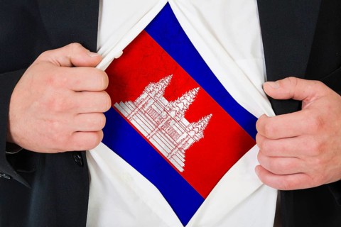 The Cambodian flag painted on the chest of a man