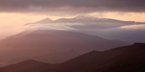 Panoramic view of Carpathian mountains silhoutte, Ukraine, Europe