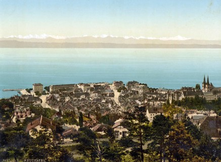 The city, general view with the Alps, Neuchatel, Switzerland, Historical, digitally restored