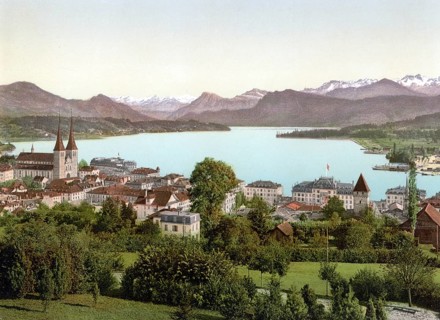 Lucerne, Vierwaldstaettersee, Switzerland, Historical, digitally restored reproduction from a 19th