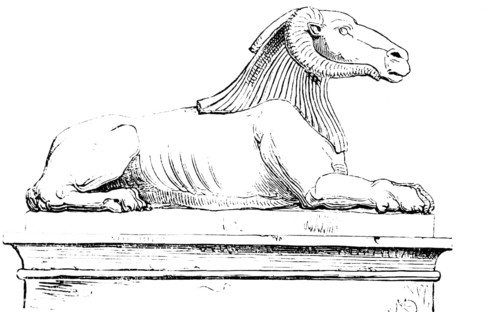 Ancient Egyptian sphinx, ram sphinx lying, historical illustration 1880, Orient