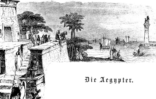 Egyptians on the Nile, river navigation, dhow, lighthouse, palm trees, people, temple, Egypt,