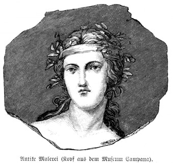 Portrait of a woman, face, curls, headband, dreaming look, antique painting, head from the Campano