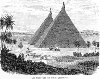 Möris Lake or Qarun Lake with pyramids, shipping, dhows, transport, palm trees, people, swamp area