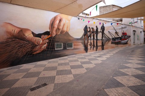 Mural, graffiti, illustrates history of fishing, fishing boat, fishing net, net, pedestrian zone,