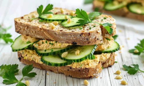 Cucumber and hummus sandwiches on whole grain bread on a light wooden background AI generated