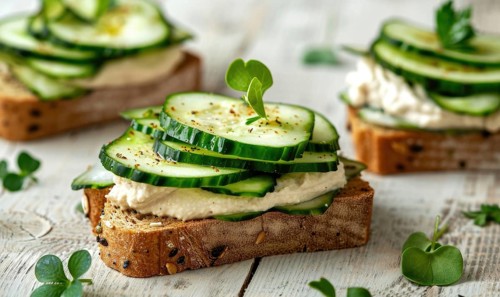 Cucumber and hummus sandwiches on whole grain bread on a light wooden background AI generated