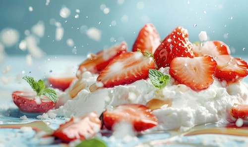 Cottage cheese with sliced strawberries and honey on a light blue background AI generated