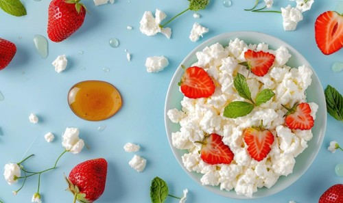 Cottage cheese with sliced strawberries and honey on a light blue background AI generated