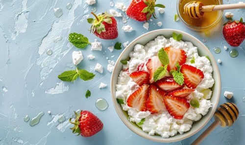 Cottage cheese with sliced strawberries and honey on a light blue background AI generated