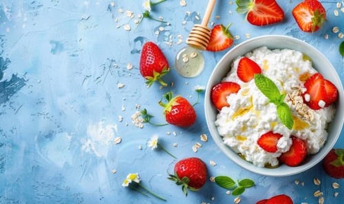 Cottage cheese with sliced strawberries and honey on a light blue background AI generated