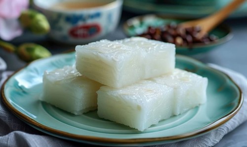 Chinese sweet rice cakes with red bean on a pastel green plate AI generated