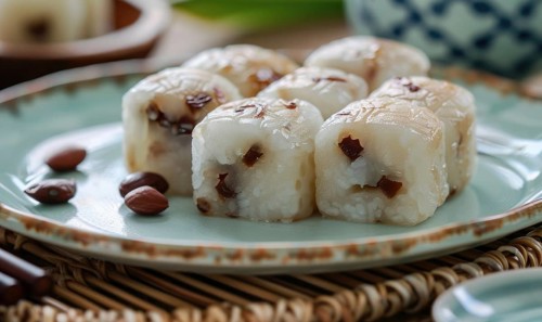 Chinese sweet rice cakes with red bean on a pastel green plate AI generated