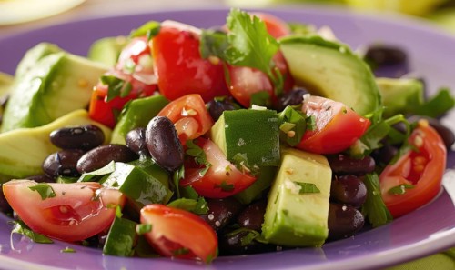 Avocado and black bean salad on a pastel purple plate AI generated