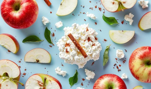 Apple slices with cottage cheese and cinnamon on a light blue background AI generated