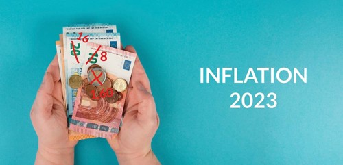 Inflation, financial crash, euro banknotes, economy development and increasing prices, high living