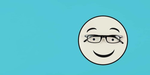 Head with a smiling face and eyeglasses, mental health concept, positive mindset, support and