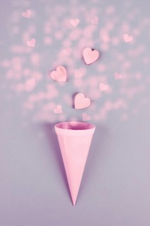Cone with hearts, birthday and valentines day greeting card, spreading love, positive emotion, flat