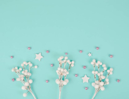 Snow covered berries, rose colored baubles, christmas holiday and new year background, wintertime