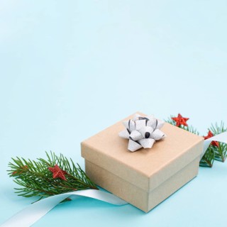 Christmas holiday greeting card with little gift box, stars, ribbon and fir branches, blue