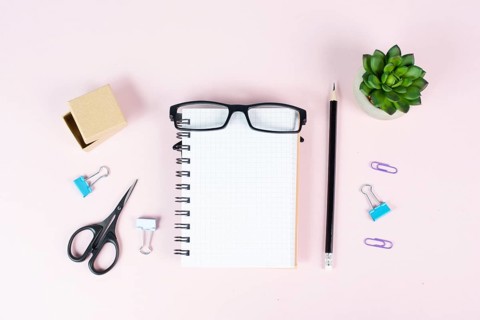 Empty notebook with a pen, eyeglasses and a cactus on a pastel colored desk, brainstorming for new