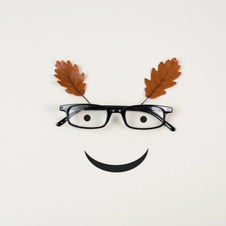 Head with a smiling face, eyeglasses and foliage, mental health concept, positive mindset, support