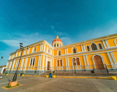View of a colorful colonial church. Architectural details of a colorful colonial cathedral