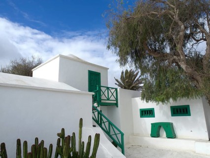 White building with green doors and window frames, surrounded by a tree and cacti under a cloudy