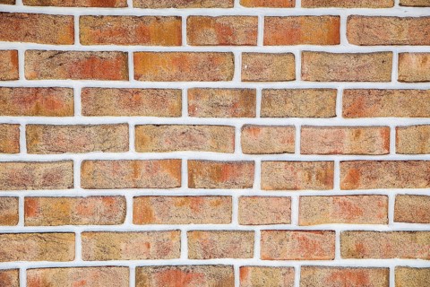 A close-up view of a rustic brick wall with red bricks and white mortar, background image