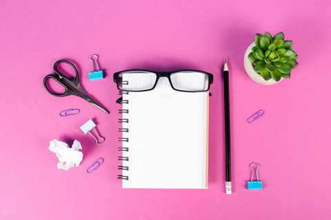 Empty notebook with a pen, eyeglasses and a cactus on a pink colored desk, brainstorming for new