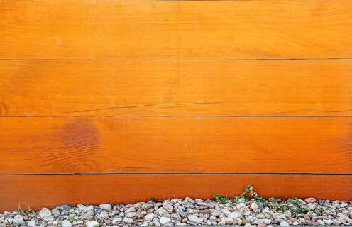 Wooden fence with orange-brown planks, pebbles and rocks at the bottom, a small green plant growing