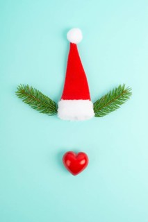 Face of a reindeer with a red heart nose, fir antlers and a santa claus hat, merry christmas