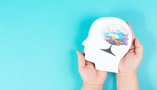 Holding a head with a colorful tree in the hands, symbol for creativity, connection to nature and