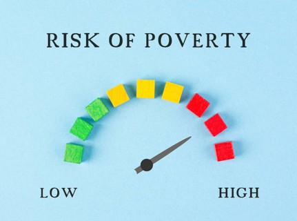 The words low and high risk for poverty are standing next the loading bar, the pointer indicates to