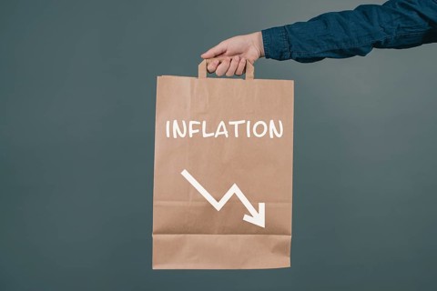 Inflation and financial crash, man holding empty shopping bag, economic development and increasing